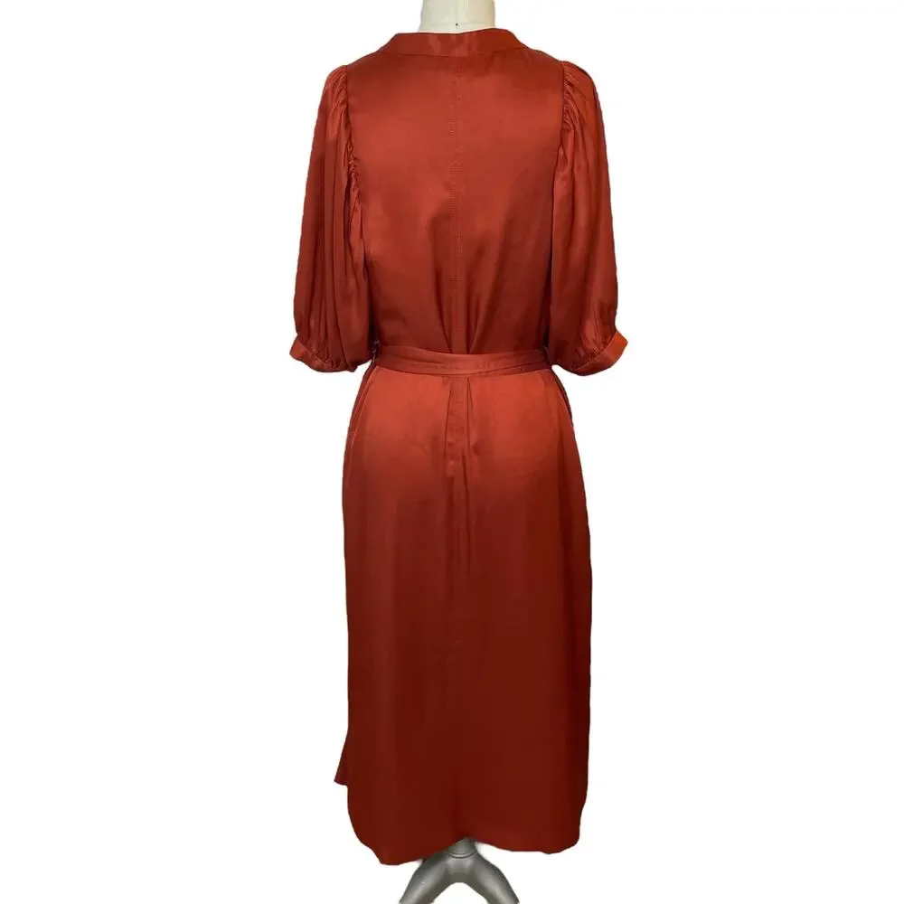 Ann Taylor Puff Sleeve Tie Waist Shirtdress In Bronze Red V-Neck Size Small - Picture 8 of 14